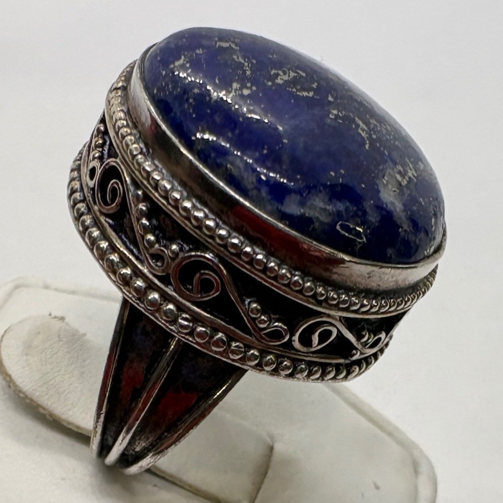 Vintage Silver Plated Lapis Lazuli Filigree Statement Ring Size 7.5 Boho 925